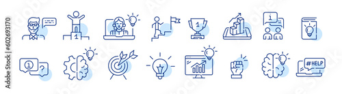 Business coaching. Leading to success, creating ideas, achieving goals. Pixel perfect, editable stroke icons set