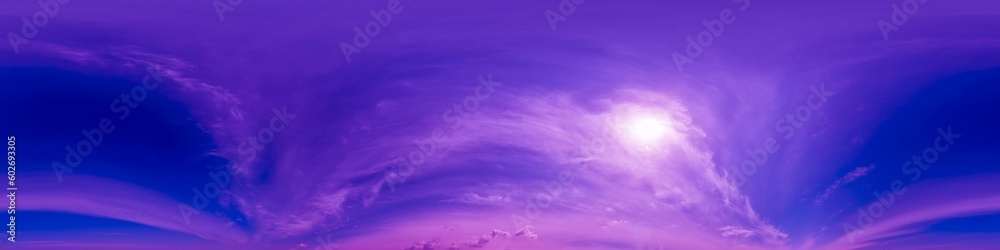 Blue magenta sky panorama with Cirrus clouds in Seamless spherical equirectangular format. Full zenith for use in 3D graphics, Climate and weather change