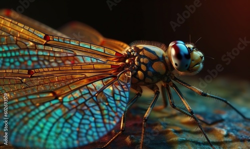  a close up of a dragonfly on a leaf with a black background. generative ai