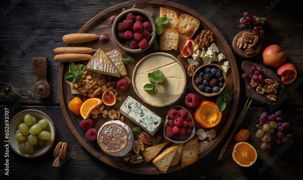  a platter of cheese, fruit, nuts, and crackers.  generative ai