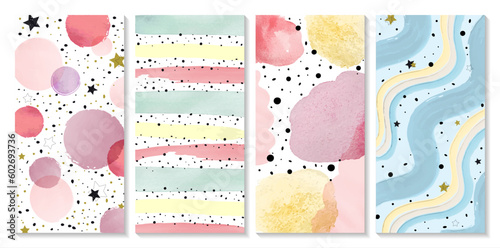 Set of vector watercolor abstract backgrounds in pastel colors with hand drawn bubbles, bands and stars. Vector illustration for prints, wall art and invitation card, banner or flyer template.