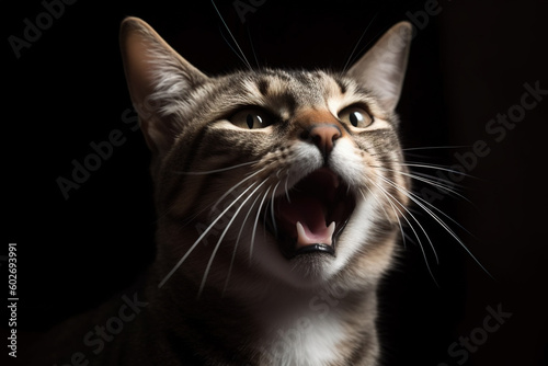 Portrait of a screaming cat. Surprised cat with open mouth meowing and asking for something. Generated AI. Generative AI © swillklitch