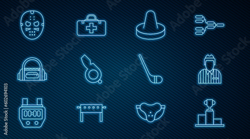 Set line Hockey over sports winner podium, judge, referee, arbiter, Mallet for playing air hockey, Whistle, Sport bag, mask, Ice stick and First aid kit icon. Vector