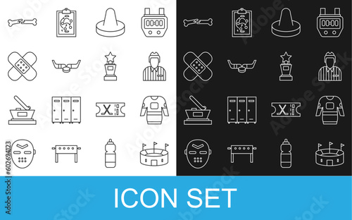 Set line Hockey stadium, jersey, judge, referee, arbiter, Mallet for playing air hockey, Ice sticks and puck, Crossed bandage plaster, Human broken bone and Award cup icon. Vector