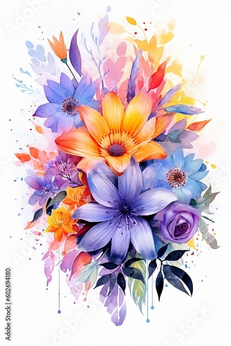 yellow and purple watercolor, bouquet of flowers. Generative AI