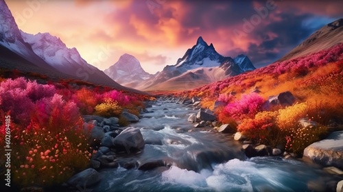 colorful landscape with lake and mountains. Generative AI