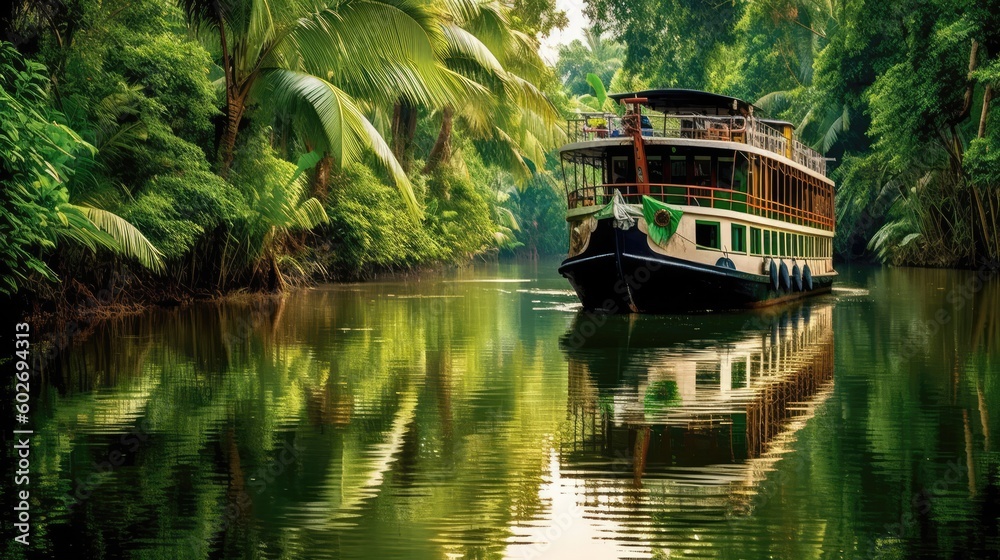A Cruise Ship Of The In Vietnam With Lush Greenery And Traditional Boats. Generative AI