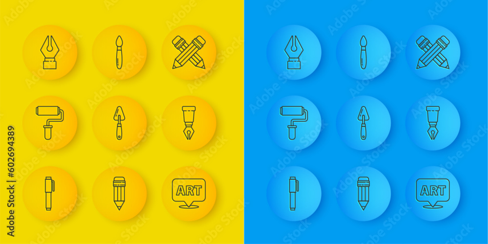 Set line Pen, Paint roller brush, Palette knife, Speech bubble with text art, Fountain pen nib, Crossed pencil eraser and icon. Vector Set line Pen, Paint roller brush, Palette knife, Speech bubble with text art, Fountain pen nib, Crossed pencil eraser and icon. Vector