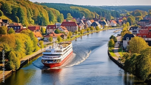 Cruise Ship Passing Through Picturesque Kiel Canal In Germany With Scenic Countryside. Generative AI photo