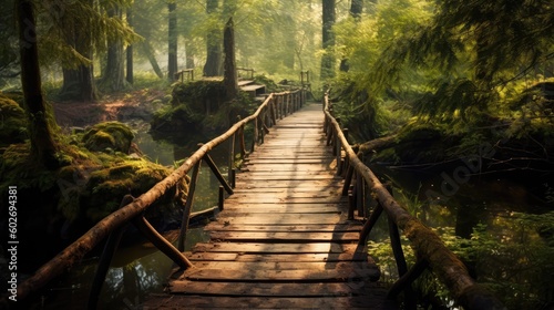 A Wooden Bridge Trail Over A River. Generative AI photo
