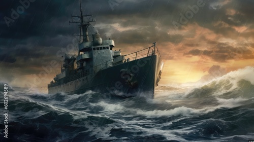 Naval Vessel In A Storm Ocean. Generative AI