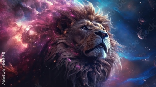 Lion Nebulae And Galaxies Float In Space In The Smokelike Clouds Of Gas. Generative AI