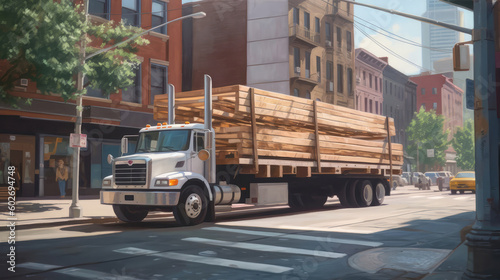 A White Flatbed Truck Carrying Large Wooden Beams On A City Street. Generative AI © Ян Заболотний