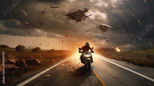 Flying Motorcycle Crashes In A Storm. Generative AI