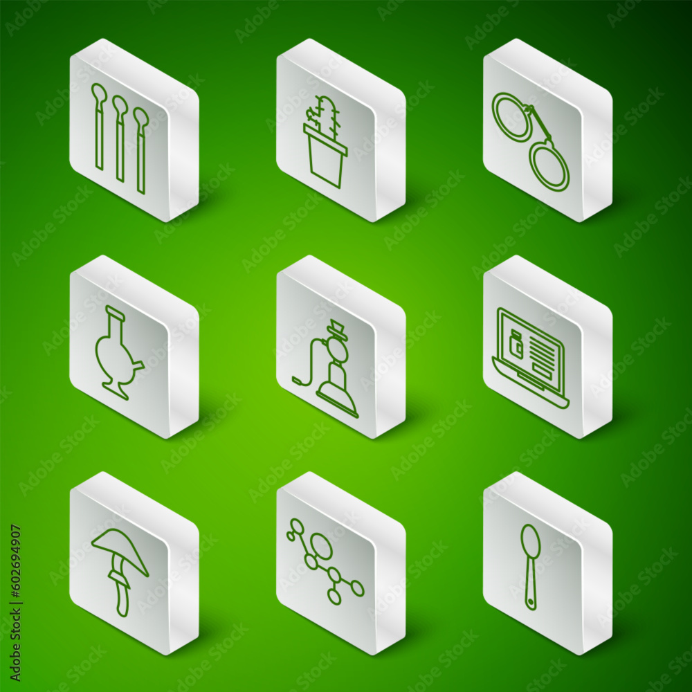 Set line Heroin in a spoon, Cannabis molecule, Matches, Hookah, Glass bong for smoking marijuana, Cactus peyote pot, Psilocybin mushroom and Buying drugs online laptop icon. Vector Set line Heroin in a spoon, Cannabis molecule, Matches, Hookah, Glass bong for smoking marijuana, Cactus peyote pot, Psilocybin mushroom and Buying drugs online laptop icon. Vector