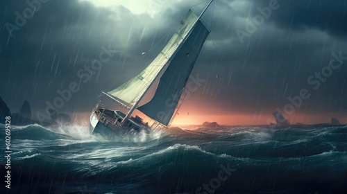 Catamaran Crashes In A Storm. Generative AI