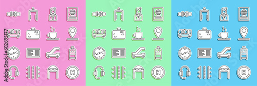 Set line Helicopter landing pad, Suitcase, Location, Stewardess, Fuel tanker truck, Safety belt and Coffee cup icon. Vector