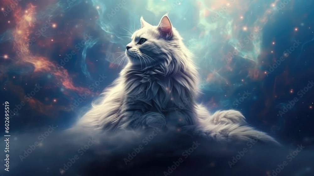 American Curl Cat Nebulae And Galaxies Float In Space In The Clouds Of Gas. Generative AI