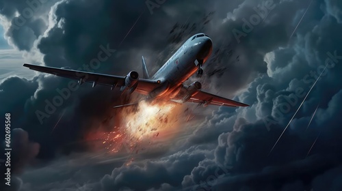 Airplane With A Rocket Engine Crashes In A Storm. Generative AI