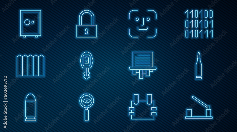 Set line Parking car barrier, Bullet, Face recognition, Car key with remote, Garden fence wooden, Safe, Paper shredder and Lock icon. Vector Set line Parking car barrier, Bullet, Face recognition, Car key with remote, Garden fence wooden, Safe, Paper shredder and Lock icon. Vector