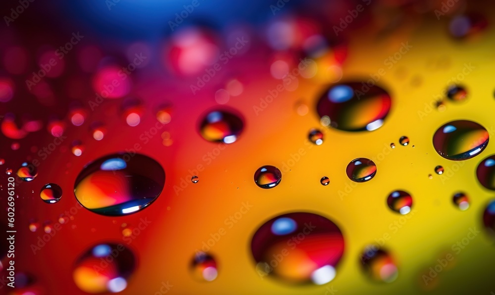  a close up of water droplets on a colorful surface with a black background.  generative ai