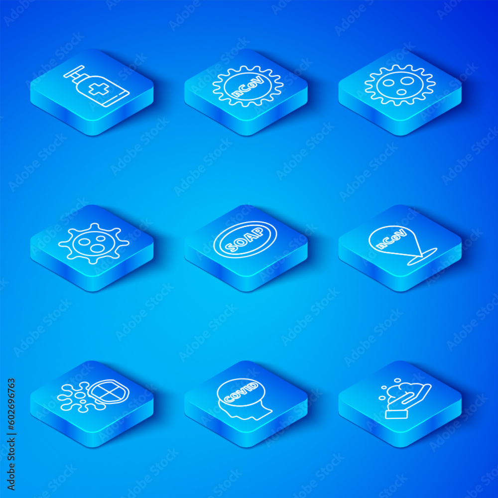 Set line Shield protecting from virus, Bar of soap, Corona covid-19, 2019-nCoV location, Virus, Bottle liquid antibacterial and Washing hands with icon. Vector Set line Shield protecting from virus, Bar of soap, Corona covid-19, 2019-nCoV location, Virus, Bottle liquid antibacterial and Washing hands with icon. Vector