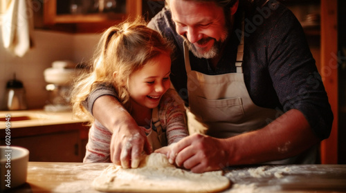 In a warm kitchen, a loving father shares a hearty laugh with his daughter as they cook together, their matching aprons the emblem of shared joy. Generative AI