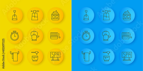 Set line Towel on a hanger, Stopwatch, Kettle with handle, Spa salon signboard, Sauna bucket ladle, Tea bag, Cream or lotion cosmetic tube and Perfume icon. Vector
