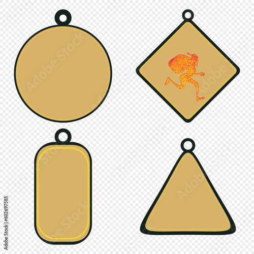 set of doodle illustrations of a mining worker running carrying a sack in a keychain frame