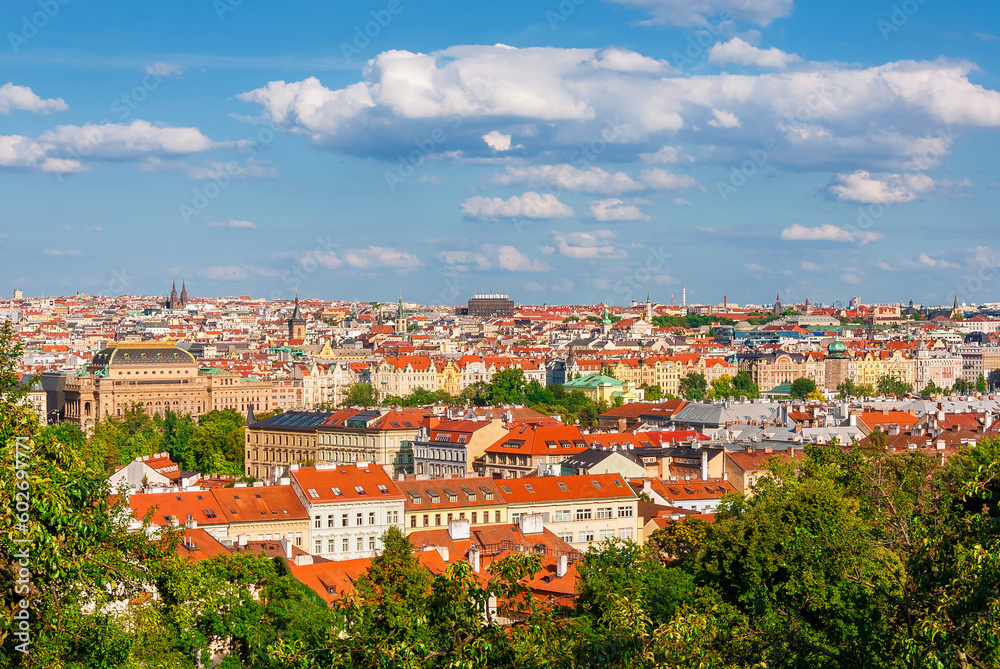 Panoramic view of Prague city center skyline from Petrin Hill