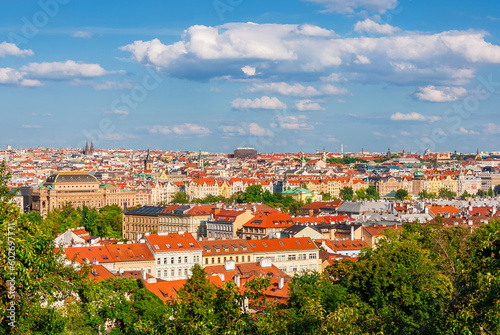 Panoramic view of Prague city center skyline from Petrin Hill