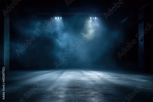 The dark stage with smoky dark blue background. an empty dark room with window shadows for display products. 