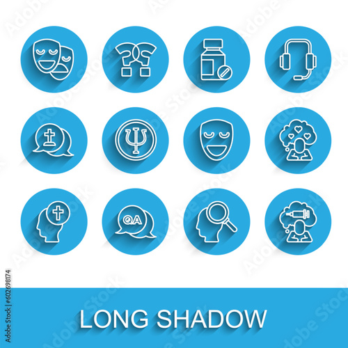 Set line Man graves funeral sorrow, Question and Answer, Comedy tragedy masks, Finding problem, Addiction to the drug, Psychology, Psi, Broken heart divorce and theatrical icon. Vector
