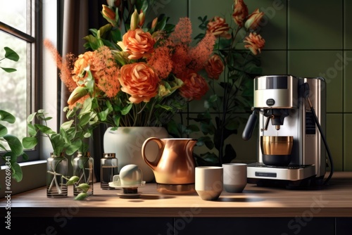 Vintage coffee machine making espresso in glass cup, coffee capsules, flowers, table setting, ai generative photo