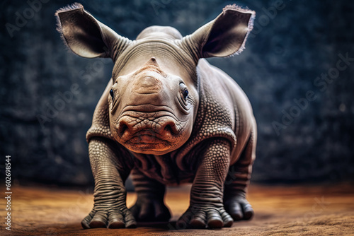a cute rhino baby tilt photography. AI Generated