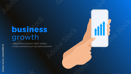 Hand pointing smartphone with business growth arrow on a dark blue vector background