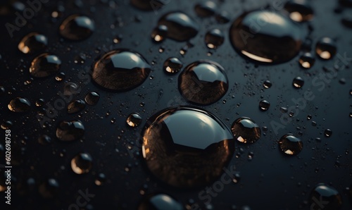  drops of water on a black surface with a dark background. generative ai