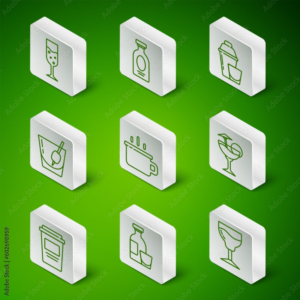 Set line Wine glass, Alcohol drink Rum, Glass of champagne, Coffee cup, Cocktail Bloody Mary, to go and icon. Vector Set line Wine glass, Alcohol drink Rum, Glass of champagne, Coffee cup, Cocktail Bloody Mary, to go and icon. Vector