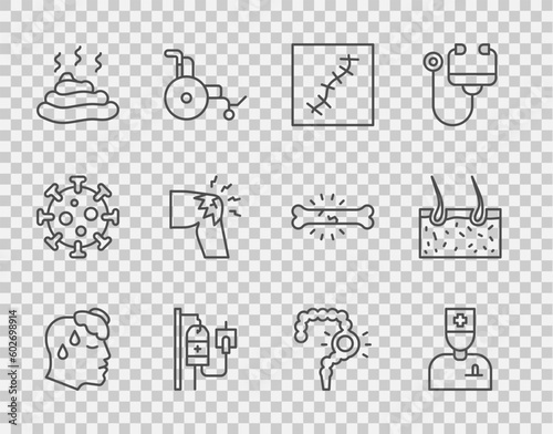 Set line High human body temperature, Male doctor, Scar with suture, IV bag, Shit, Joint pain, knee pain, Gut constipation and Hair covering skin icon. Vector