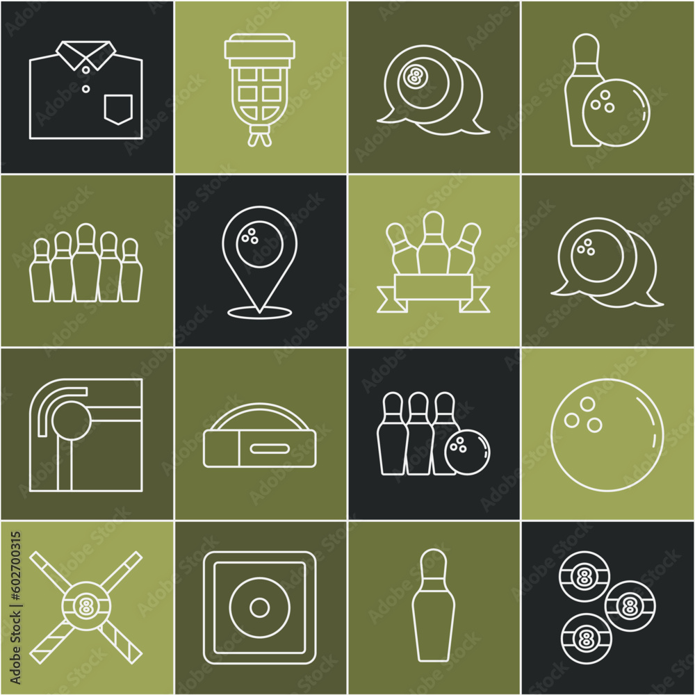 Set line Billiard ball, Bowling, Location with bowling, pin, shirt and icon. Vector Set line Billiard ball, Bowling, Location with bowling, pin, shirt and icon. Vector