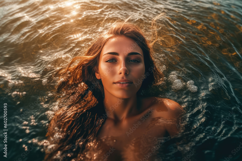 Beach Sun-Kissed Beauty. Stunning sexy woman with straw hat basking in golden hour light, laying on sea water waves. Bikini, skincare, summer and topless concept AI Generative