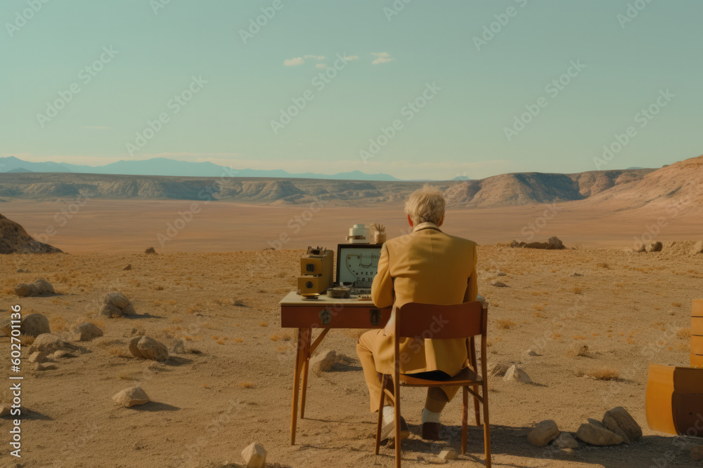 person sitting on at a desk in a sparse terrain