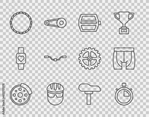 Set line Bicycle brake disc, Stopwatch, pedal, helmet, wheel, handlebar, seat and Cycling shorts icon. Vector
