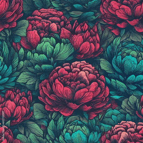 Seamless Colorful Peony Pattern.  Seamless pattern of peonys in colorful style. Add color to your digital project with our pattern 