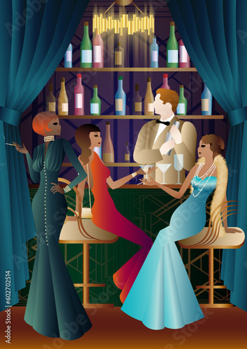 The party at the bar in the style of the early 20th century. Retro party vector illustration. Art Deco style.