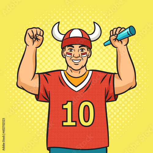 fan with hat with horns pinup pop art retro vector illustration. Comic book style imitation.