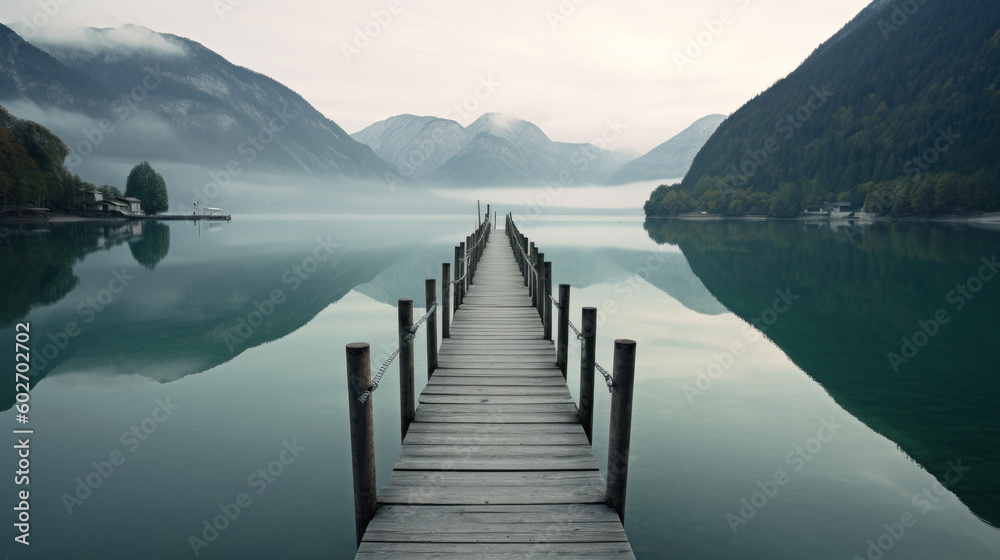 Serene Retreat: Jetty Reflections in the Alpine Lake. Generative AI