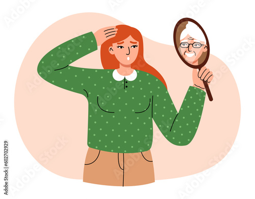 Gerontophobia, phobia psychology concept. Young woman holds a mirror and looks at her aging reflection and afraid of getting old. Flat vector illustration.