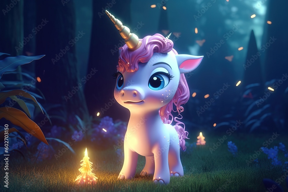 a cute adorable baby unicorn by night with light, in nature , rendered