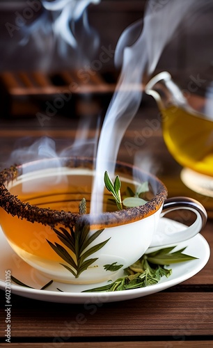 Taza de té con leche humeante junto con tetera sobre mesa de madera. Generado por IA